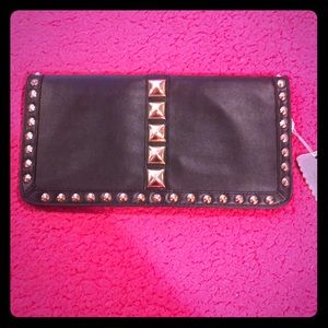 Black embellished clutch with detachable chain